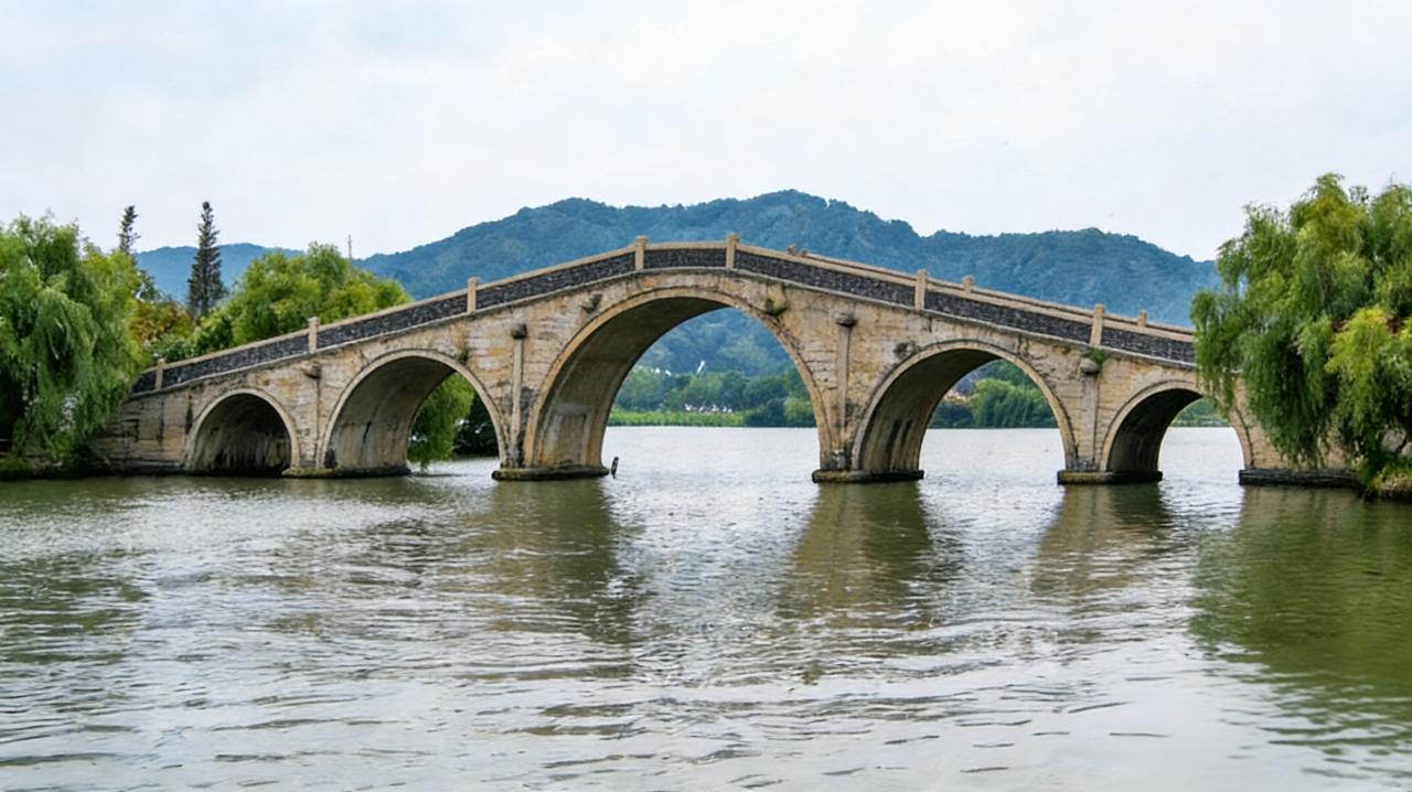 垂虹桥落日映塔，晚风拂水，满是吴江温柔。