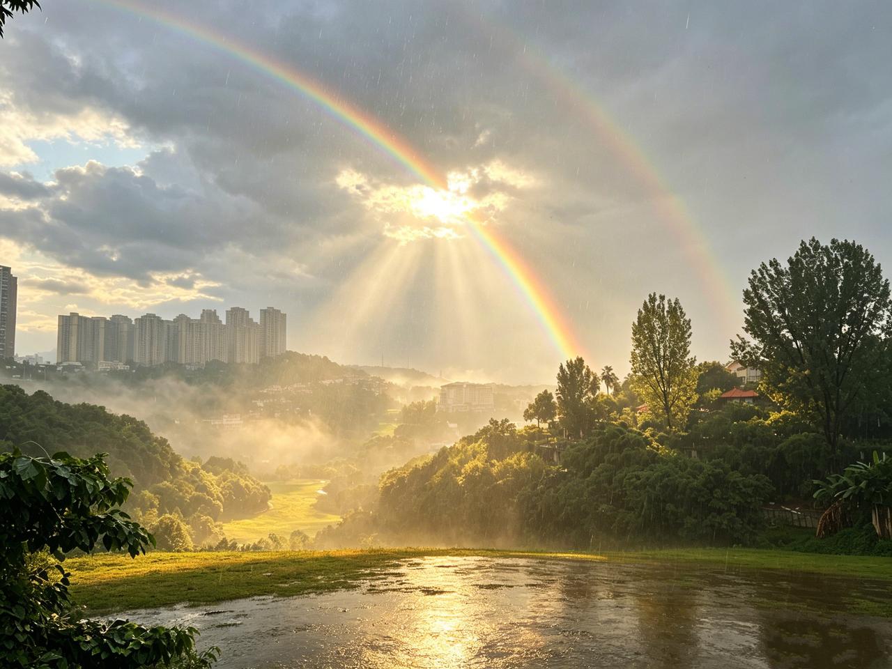 重庆别墅雨后奇观，[爱慕]一边下落雨，一边出彩虹，美不胜收[招财进宝]

盛夏骤