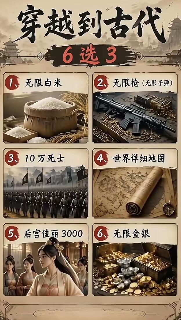 假如你穿越到古代并获得系统，允许你从以下6样中选择3样，你会怎么选？