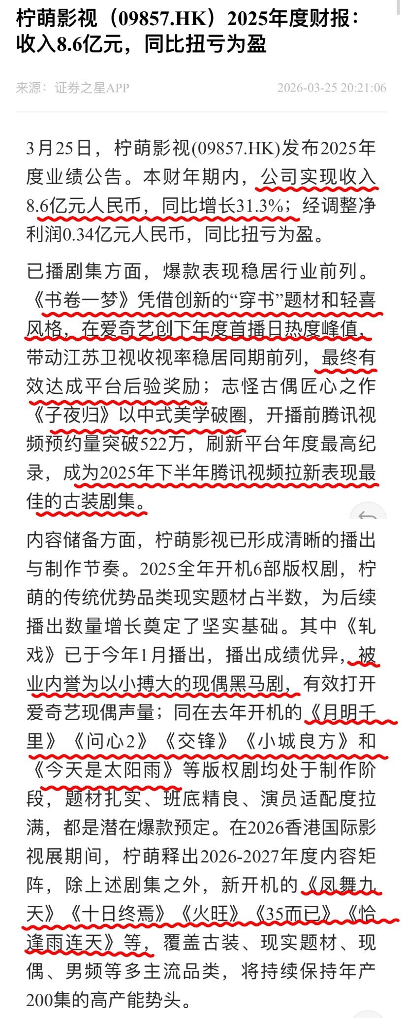 柠萌影视2025年开机量最高 许凯 田曦薇《子夜归》柠萌财 报认证🈶8.6亿营