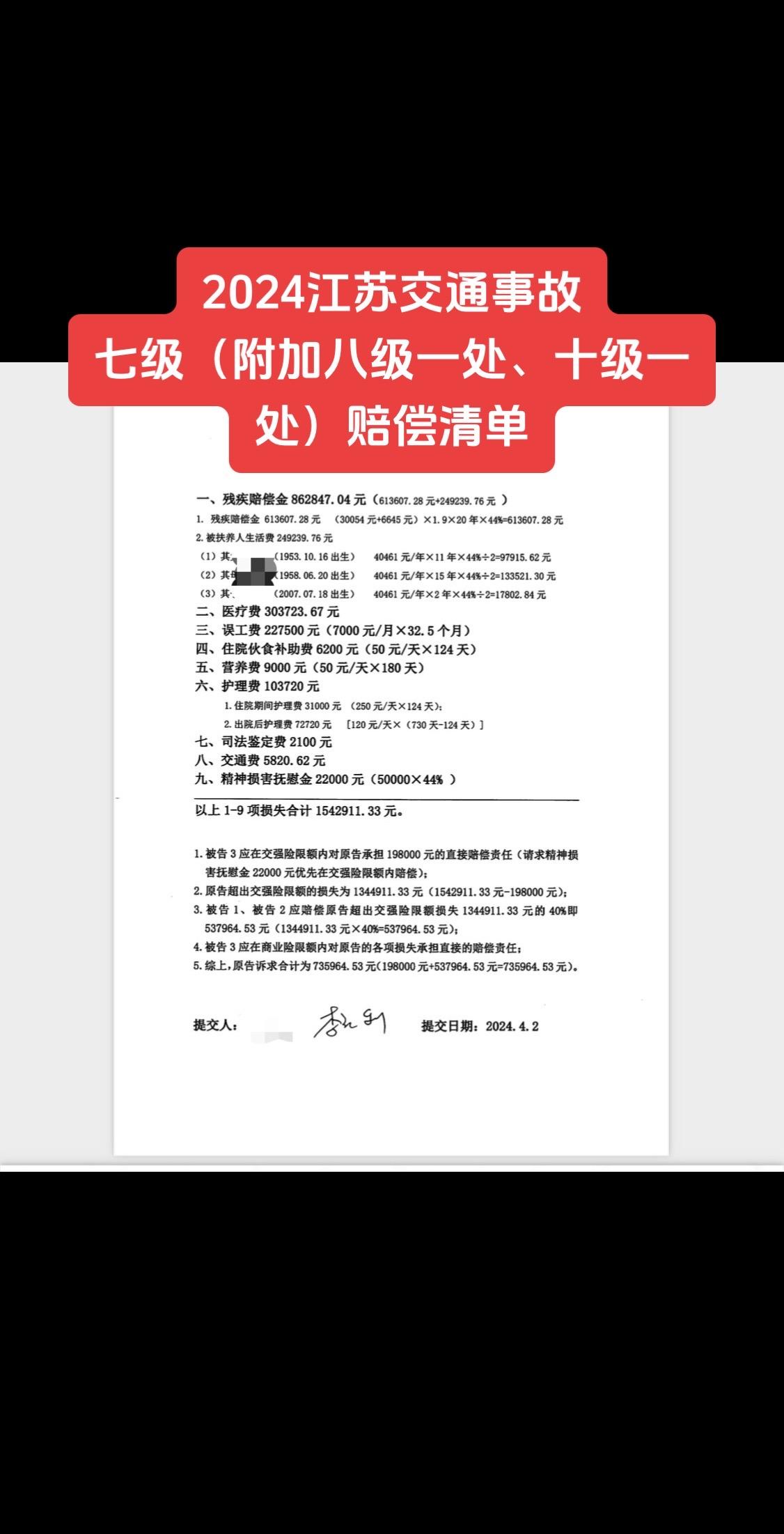 2024江苏交通事故赔偿清单（老标准）当事人2020年10月发生事故，2023年