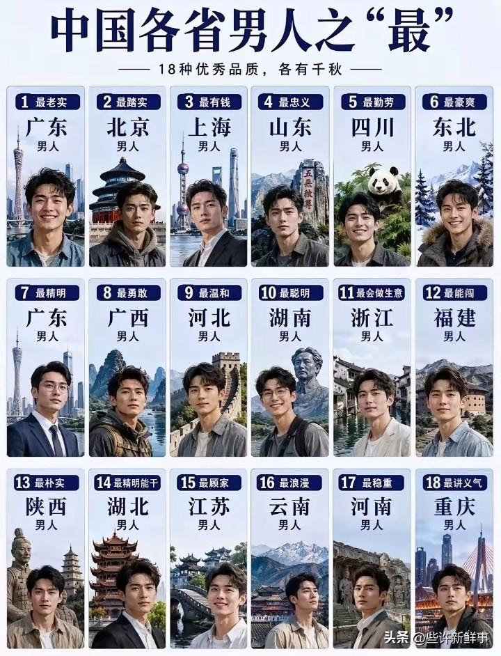 全国男人18种 性格！
全国“最”男人大盘点？
广东男人是公认的最老实又最精明最
