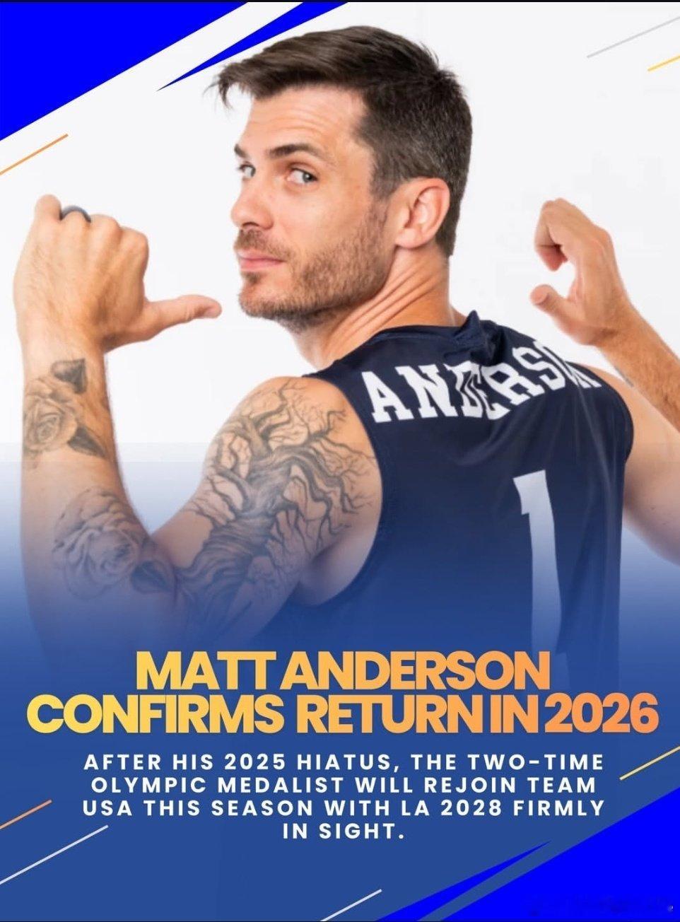 🇺🇲美国名将马修·安德森将于2026年重返国家队。📍他计划在2028年洛杉