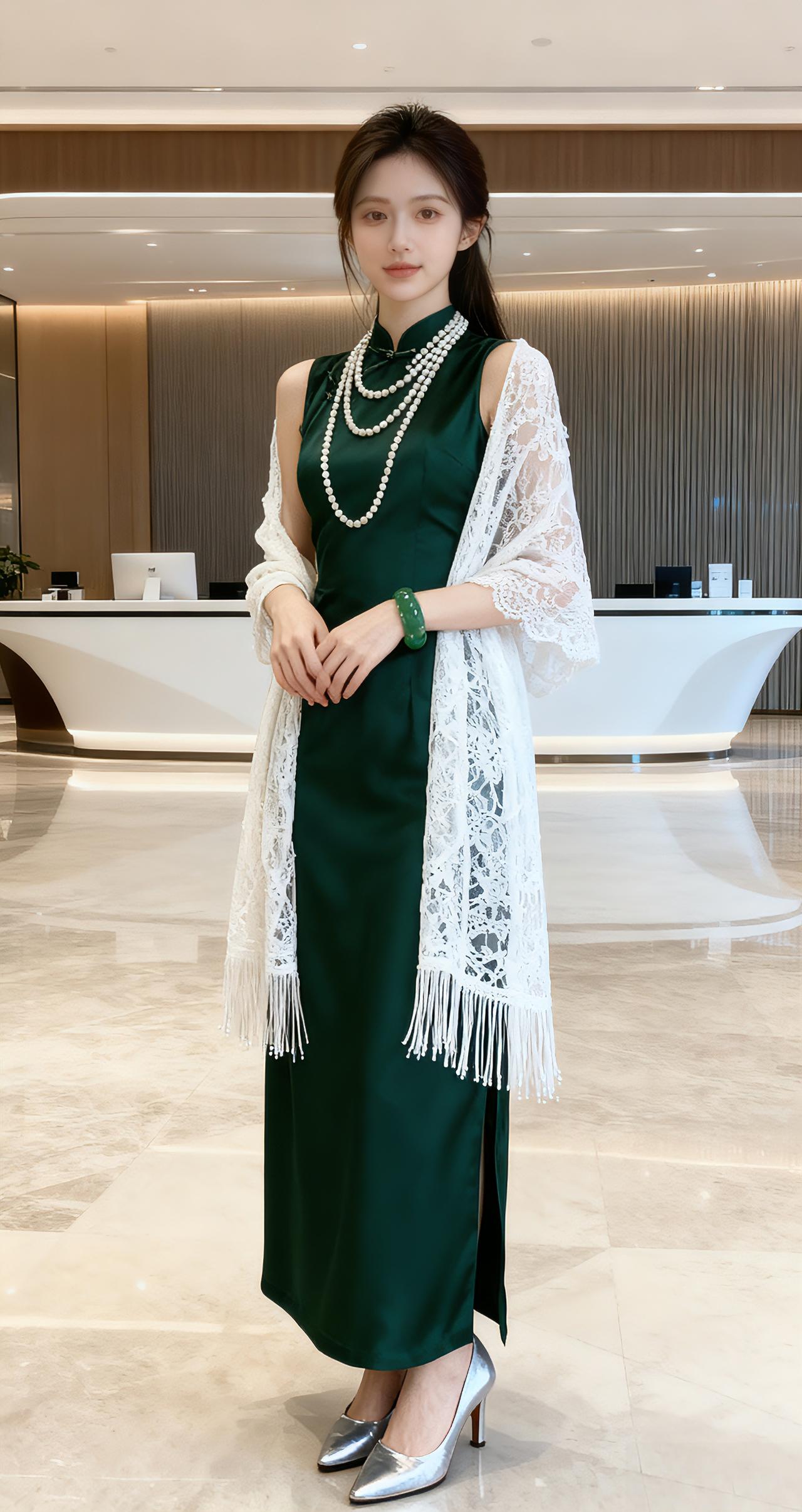墨绿色的无袖旗袍式长裙，领口是精致的立领设计，裙摆垂顺又贴身，整体穿搭复古又贵气