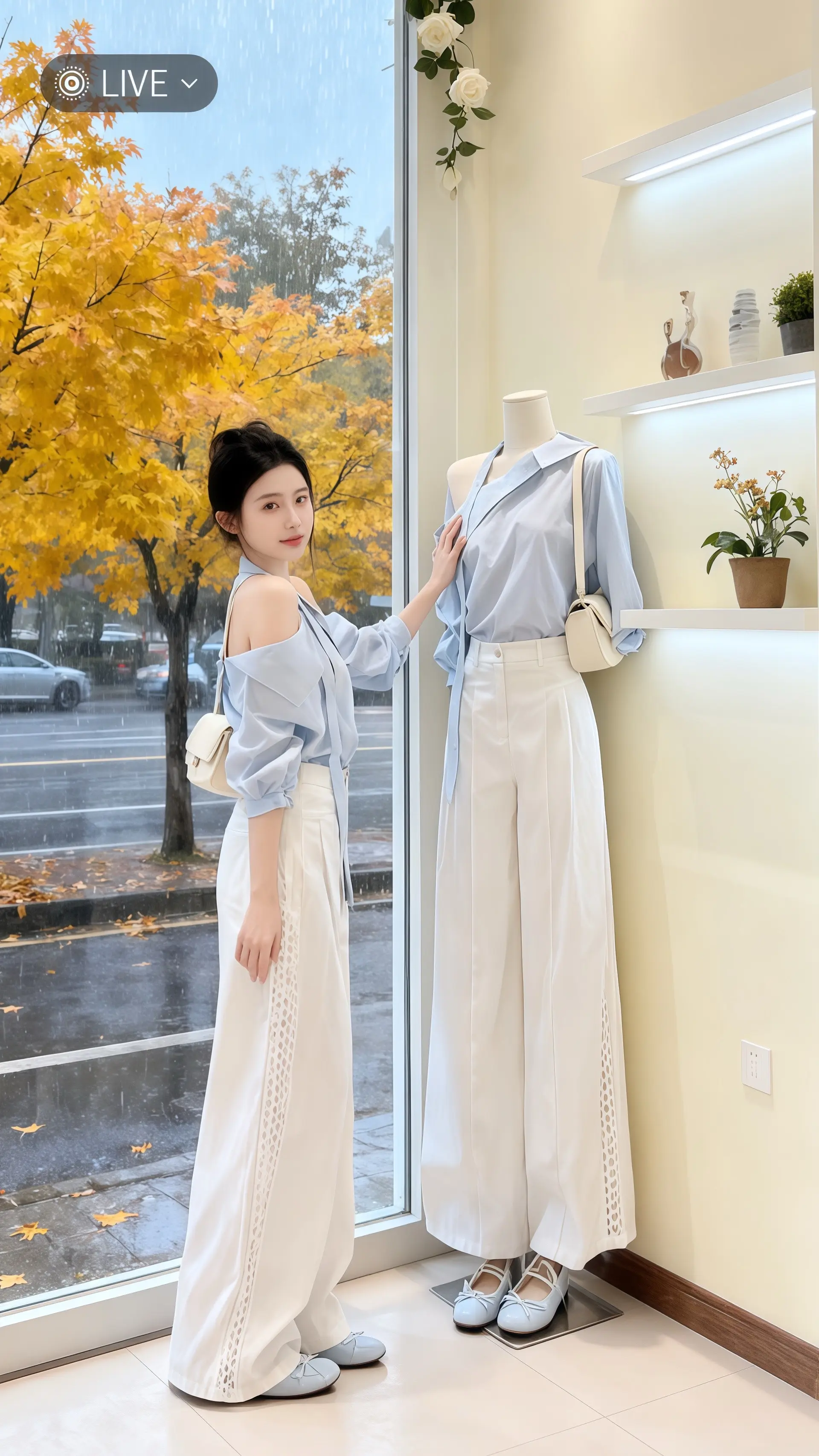她身着高级感气质两件套，浅蓝色斜襟衬衫与白色阔腿裤的组合，在秋日女装店...