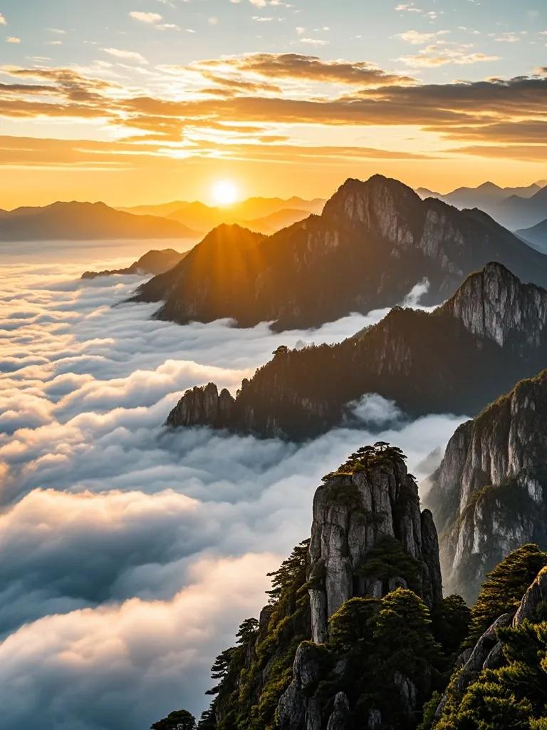 10. 庐山的夕阳是一场视觉盛宴，余晖如金纱，温柔地覆盖着山脉，那金纱有着细腻的