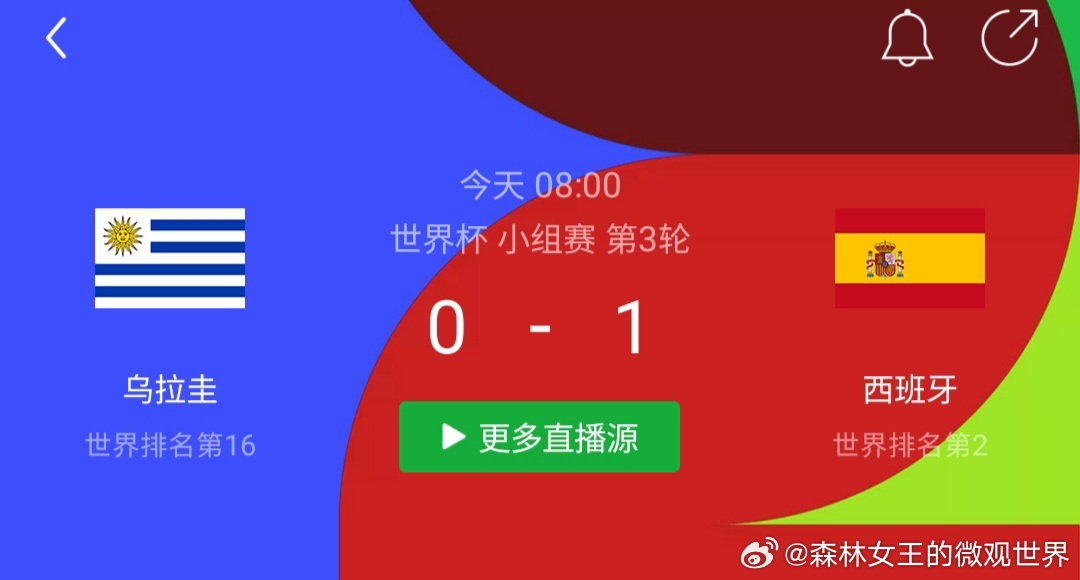 乌拉圭vs西班牙巴埃纳射门造门将脱手进球，乌加特重伤，西班牙1-0领先乌拉圭，并