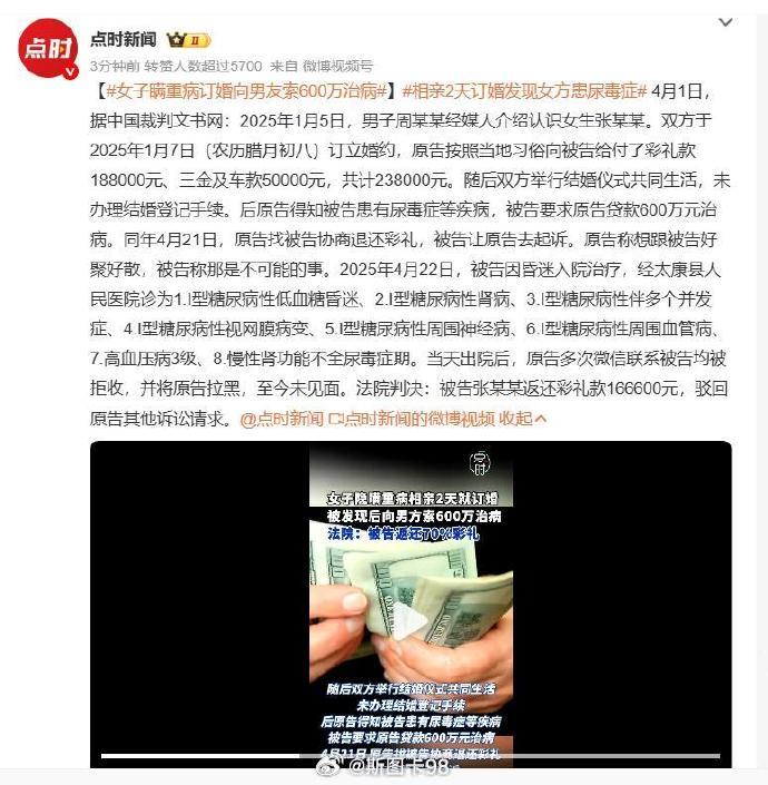 得知女友精神分裂诉退5.8万彩礼这案件能全额返还（虽然总价不高），是因为没有在一