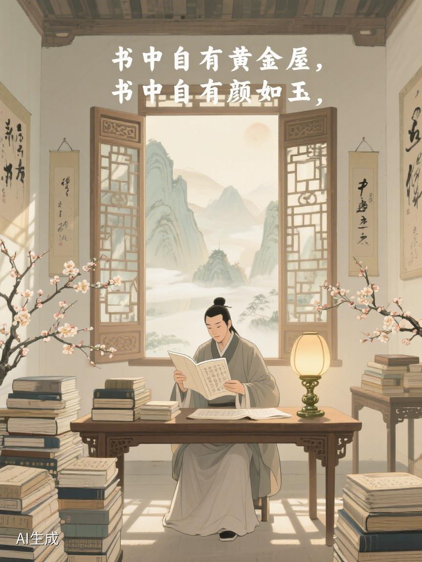 AI妙生图墨香盈卷，仿若能觅黄金藏屋，亦寻颜如玉影，沉醉于书香之境，悠然心往✨