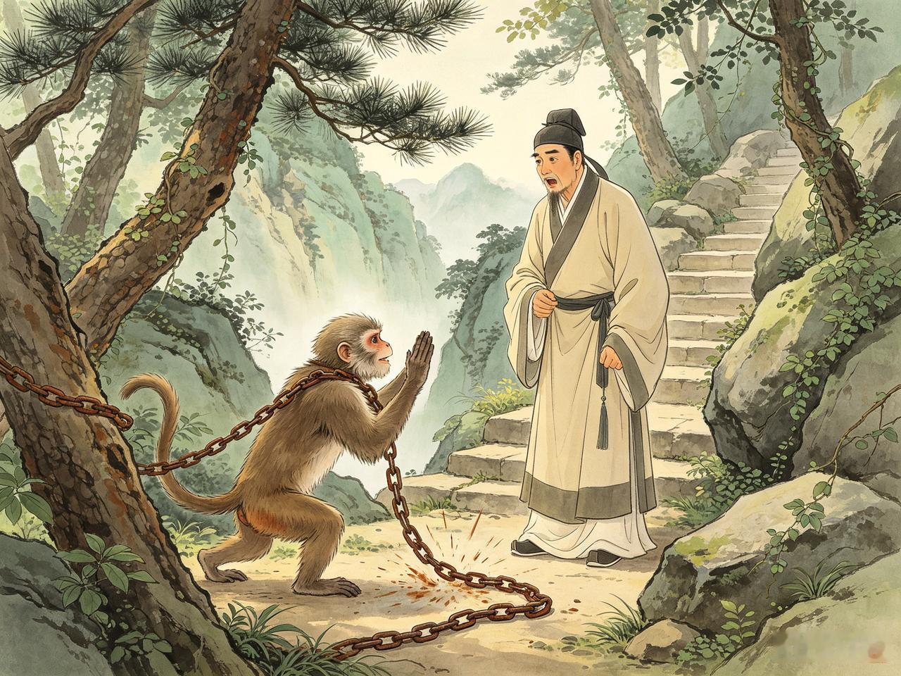 明朝人宋运在枫林渡口遇见一个耍猴人。
耍猴人很凶悍，用一条细铁链锁着一只猴子，猴