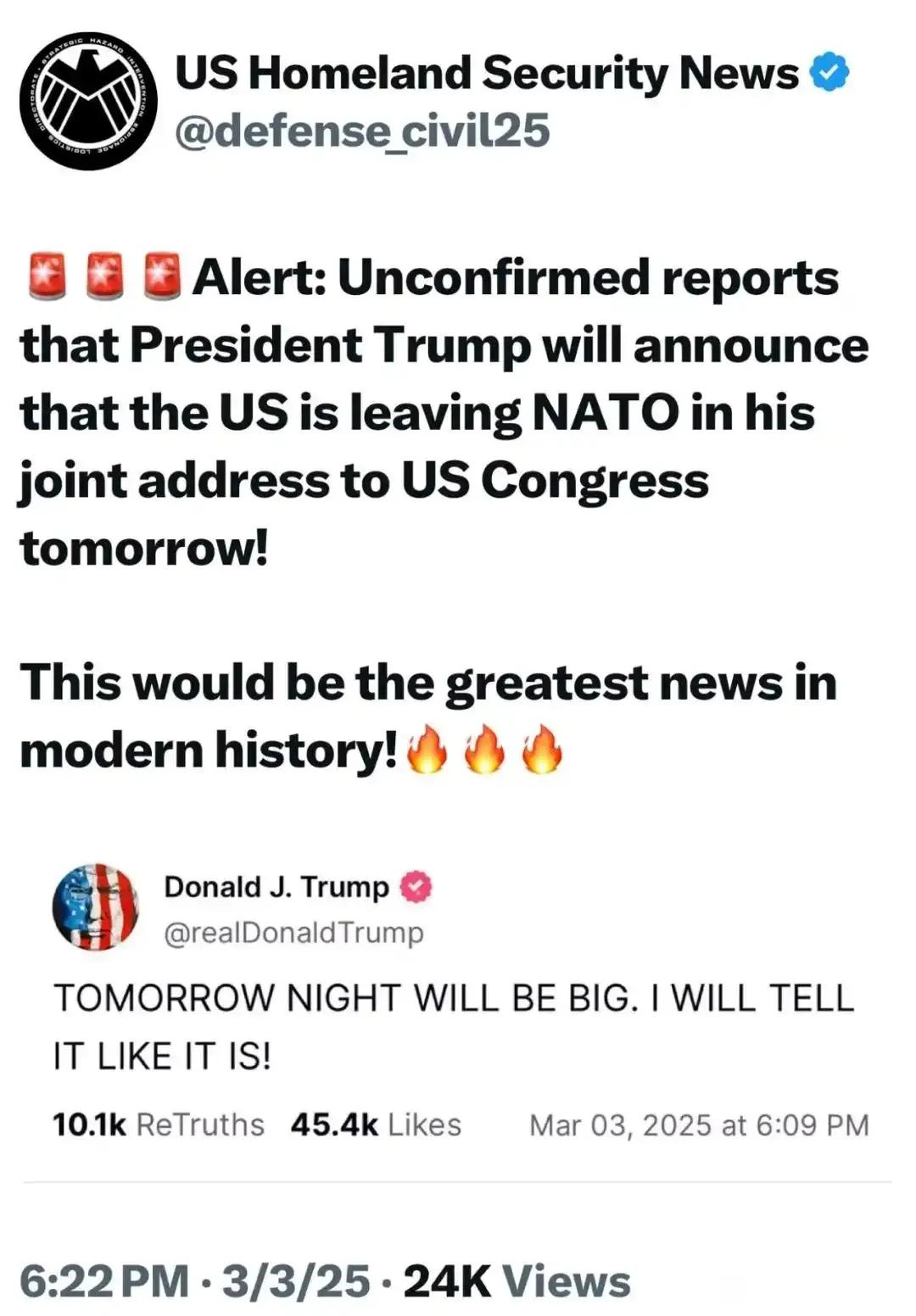 出大事了，特朗普说美国🇺🇸要退出北约，这是要给谁腾地方吗？特朗普再言 特朗普