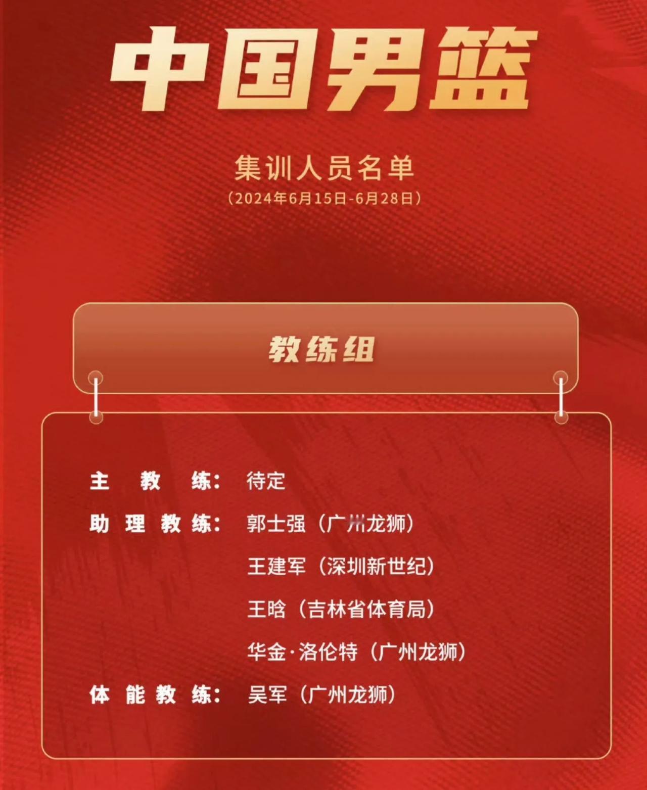中国男篮公布最新集训大名单：张镇麟，徐杰等入选，郭艾伦 赵继伟休息

主教练待定