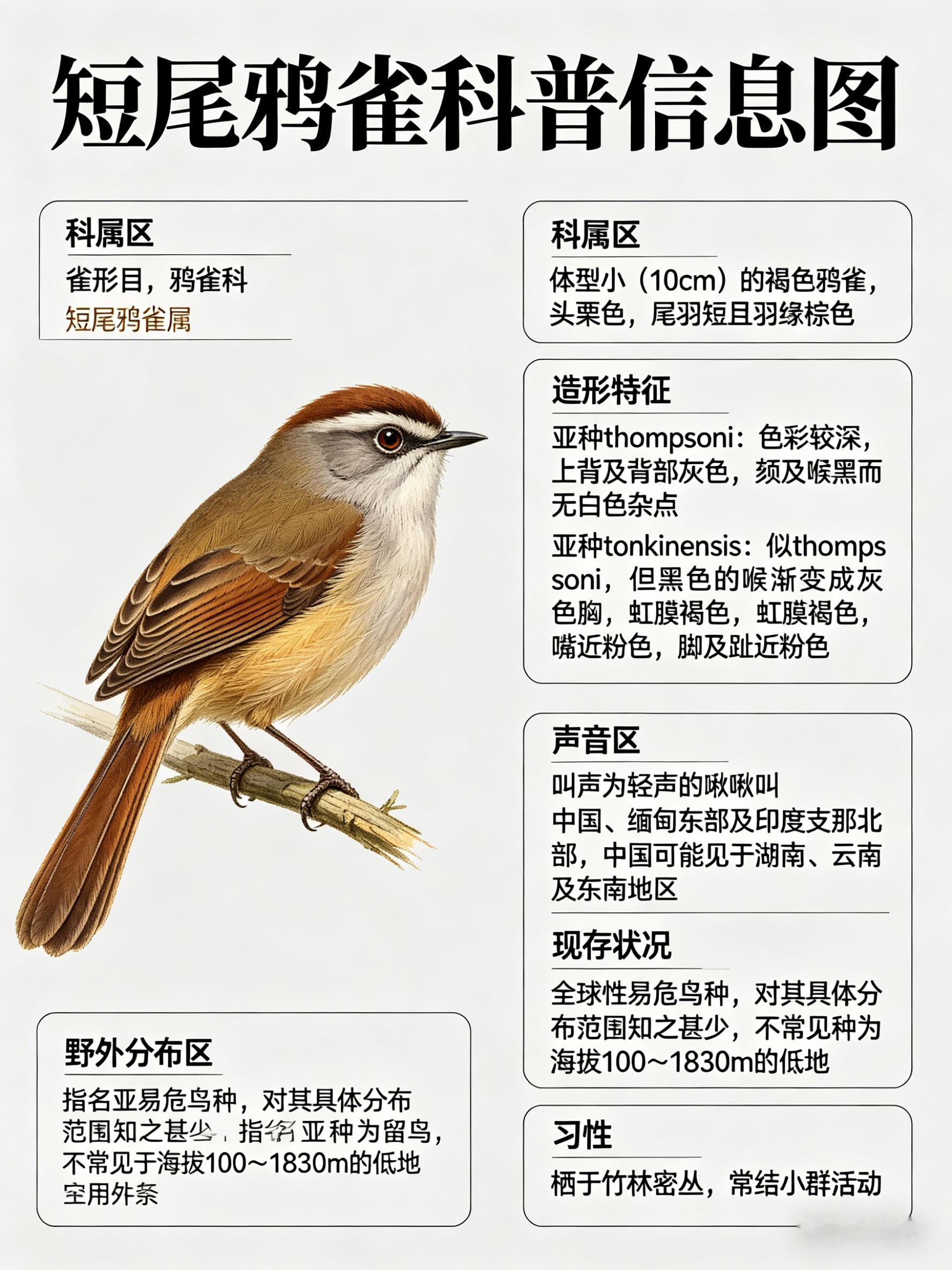 鸟类朋友图鉴 短尾鸦雀·科属：雀形目，鸦雀科。·外形特征：体型小（10cm）的褐