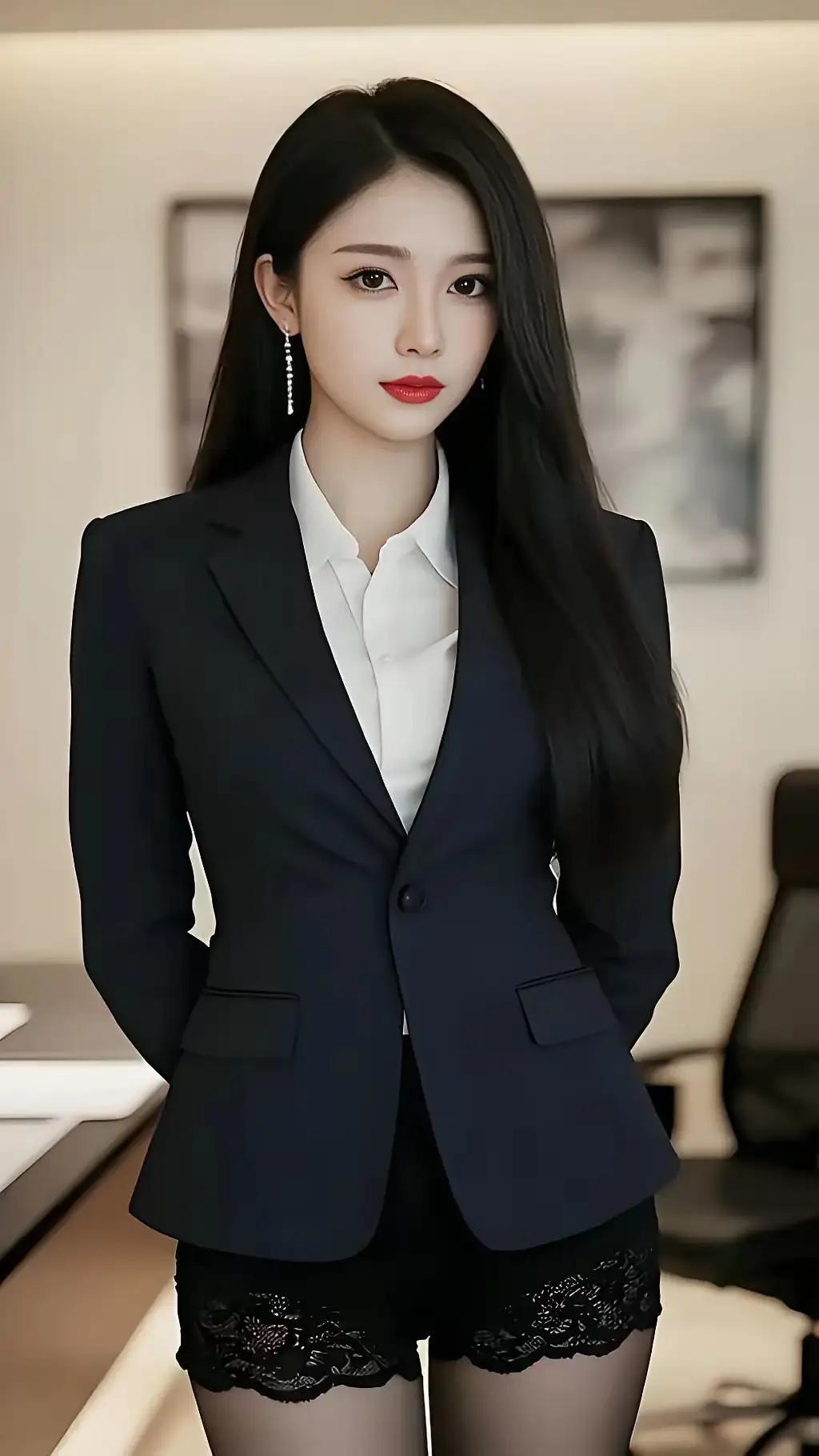 优雅职场风，黑色西装搭配蕾丝短裤，尽显女性魅力！