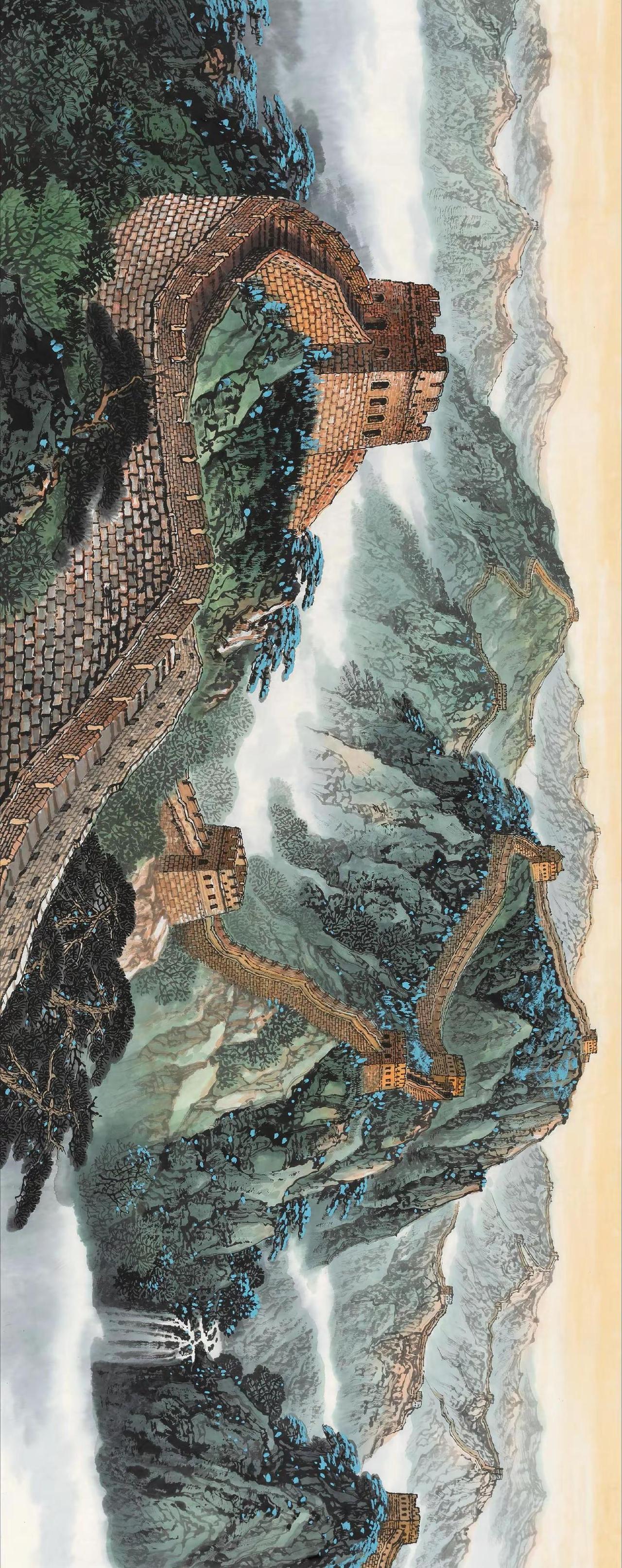 《万里雄关云海间》。长城山水中国山水画画法 长城国画 手绘山水 中国画里的长城
