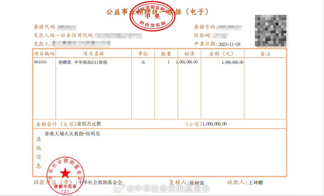 侯明昊捐款100万侯明昊捐赠100万元侯明昊 心系香港大埔火灾受灾同胞，通过中华