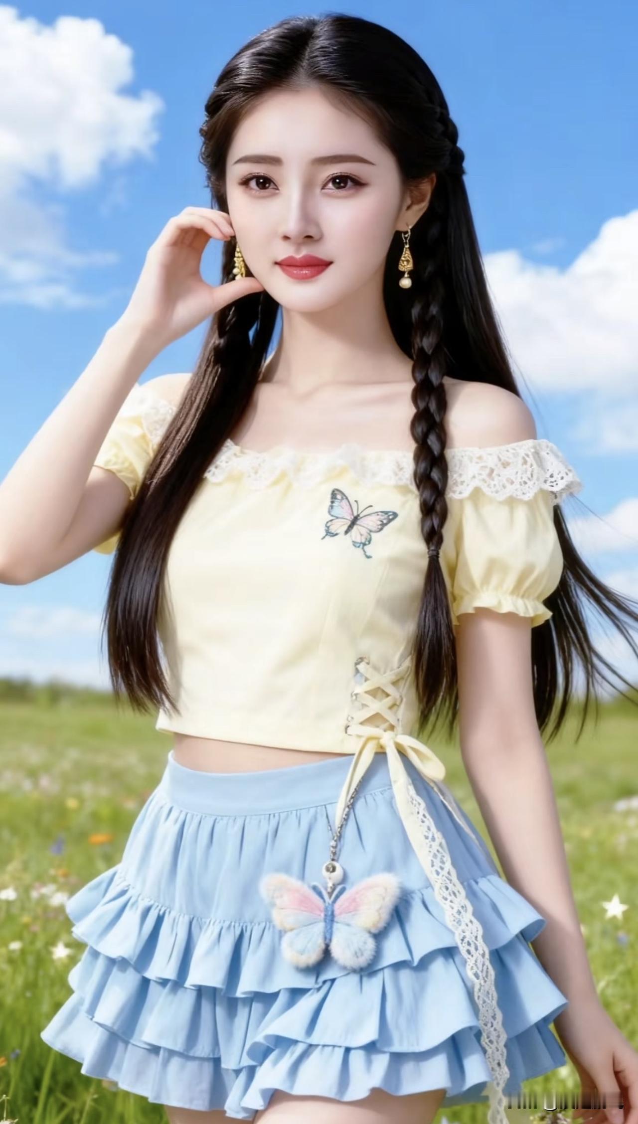 甜美少女风，蓝黄撞色，蝴蝶点缀，清新自然。淡粉紫色系 紫色少女风 浅粉色系搭配 