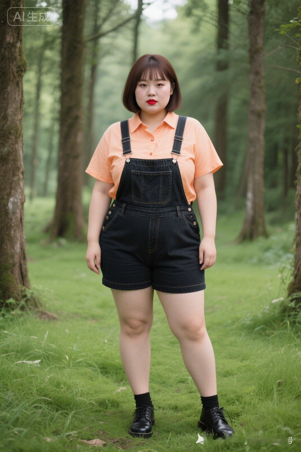 穿橙色上衣的姑娘站在森林里。