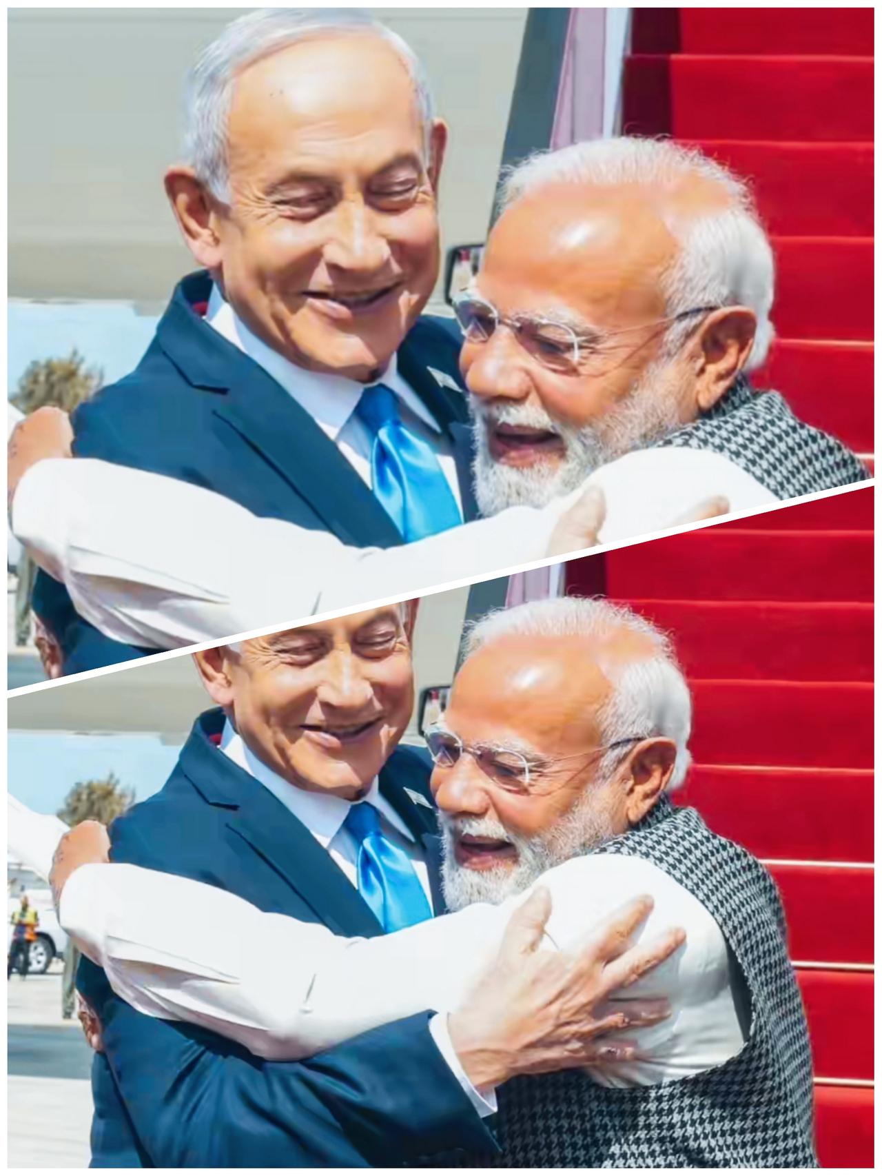 莫迪和内塔尼亚胡拥抱时，两人都笑的如此开心啊！
莫迪和内塔尼亚胡两人笑容的背后，