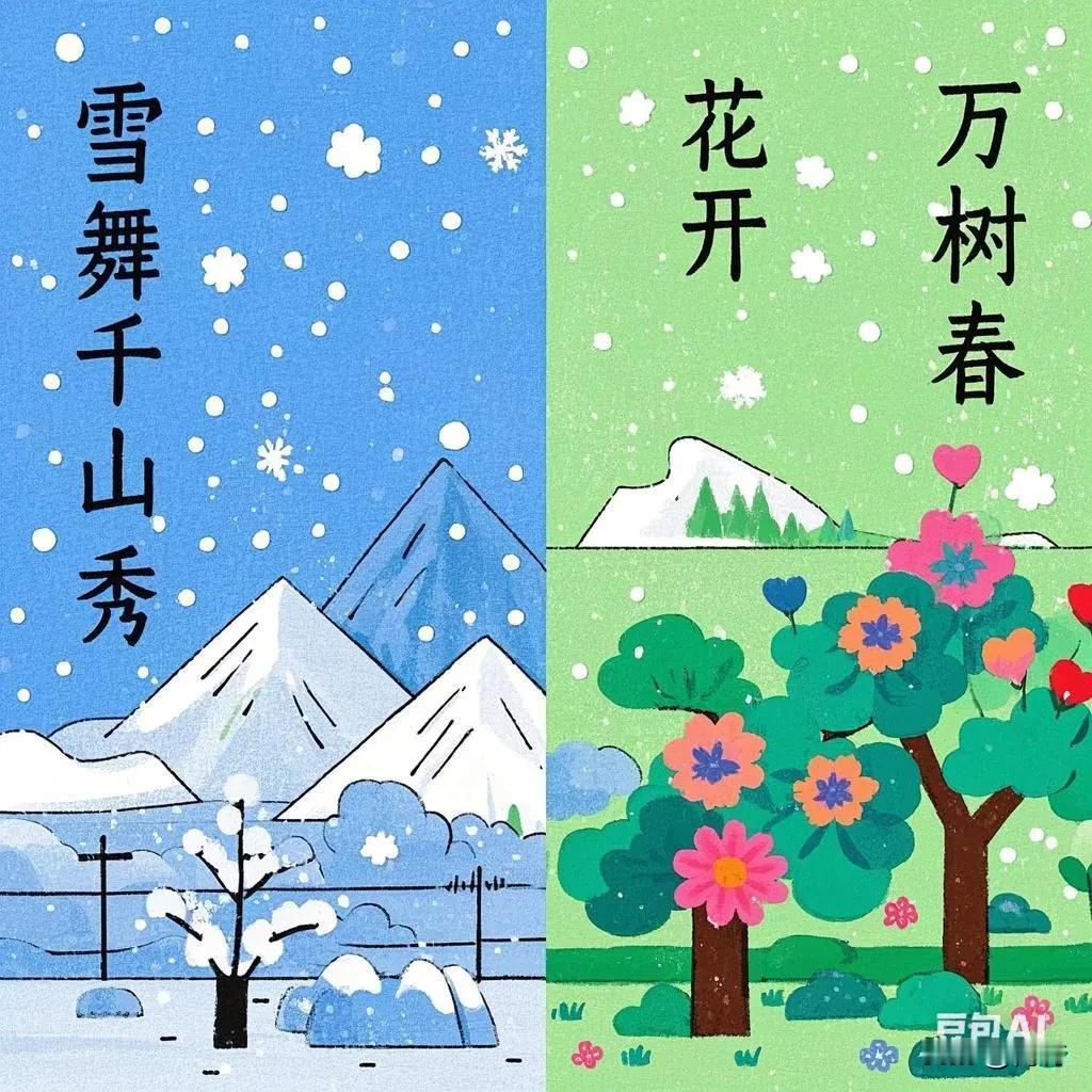 下联：花开万树春
 
赏析：这幅对联以自然意象相映成趣。上联“雪舞千山秀”描绘冬