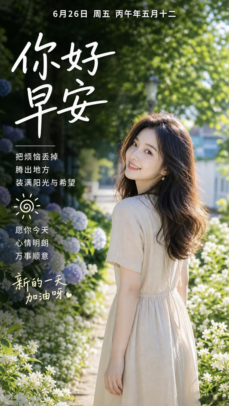 6月26日 周五 丙午年五月十二你好早安把烦恼丢掉腾出地方装满阳光与希望愿你今天