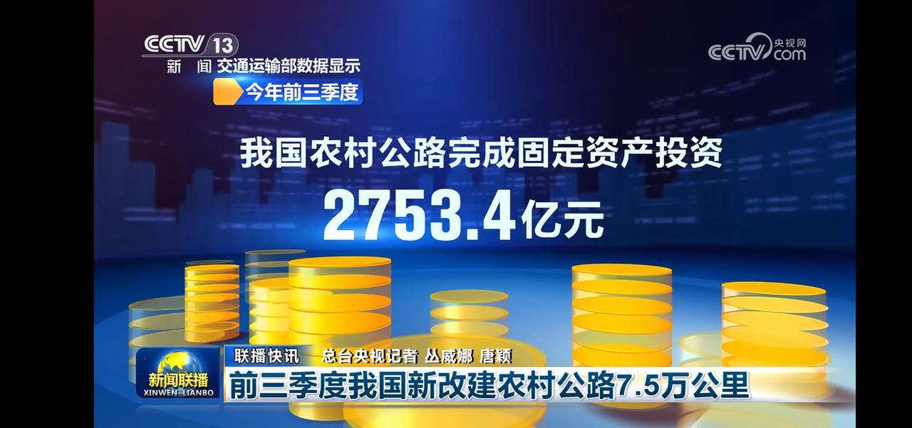 前三季度我国新改建农村公路7.5万公里，完成固定产投资2753.4亿元。