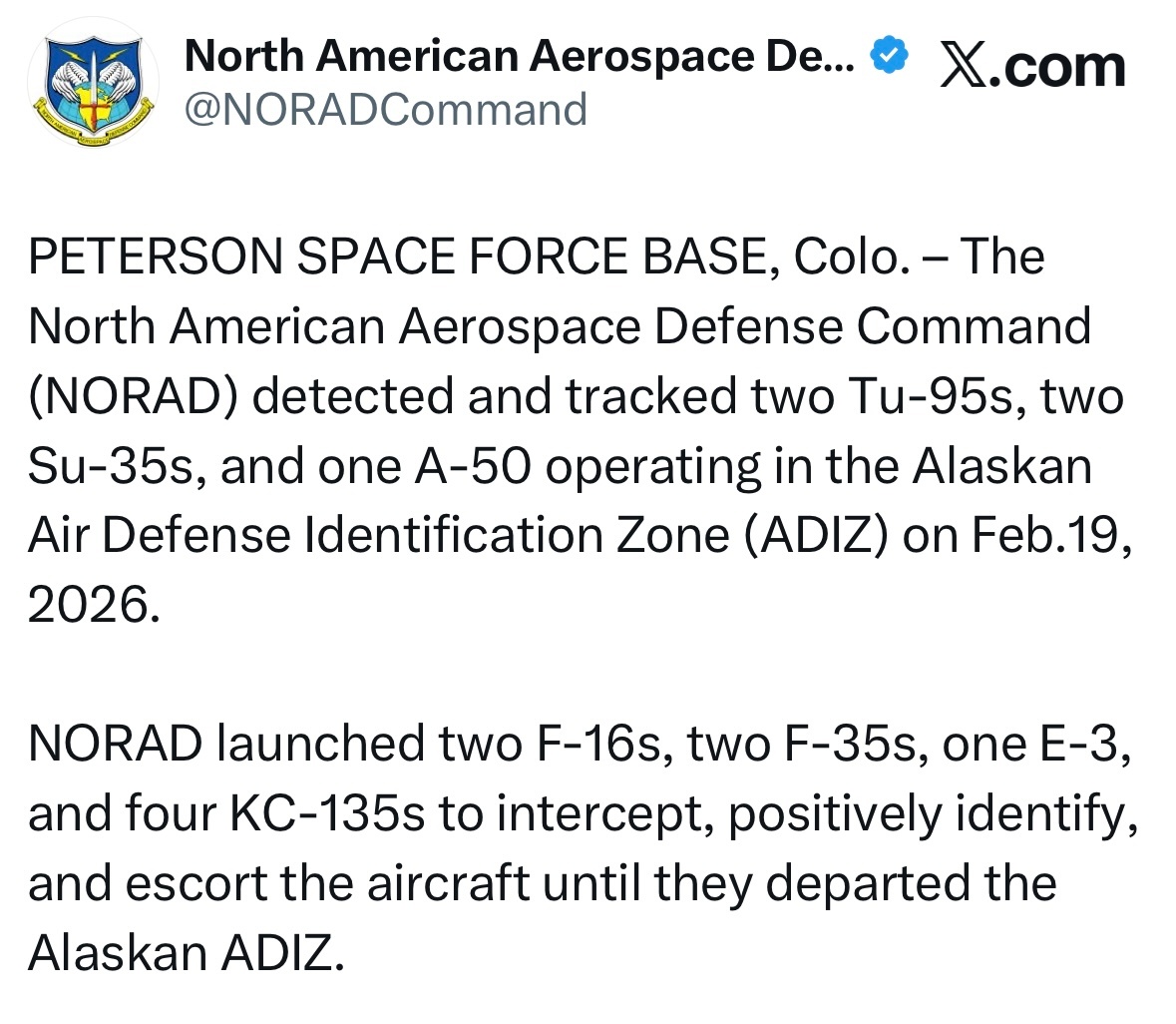 北美防空司令部（NORAD）通报，2026年2月19日，美军发现并跟踪了若干架俄