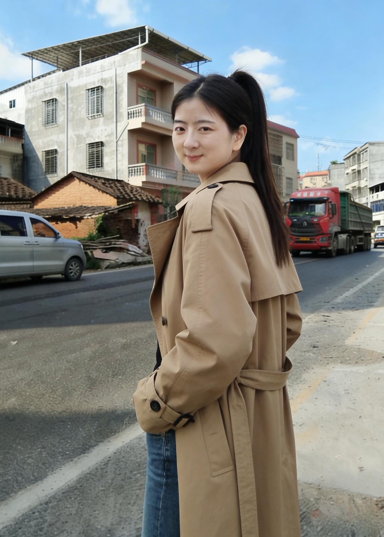 南国晴郊晓日融，村街驰影车如龙。
参差楼宇凝青霭，错落檐茅卧翠峰。
秋服轻扬风软