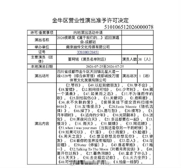 侯明昊南京演唱会歌单来了 
