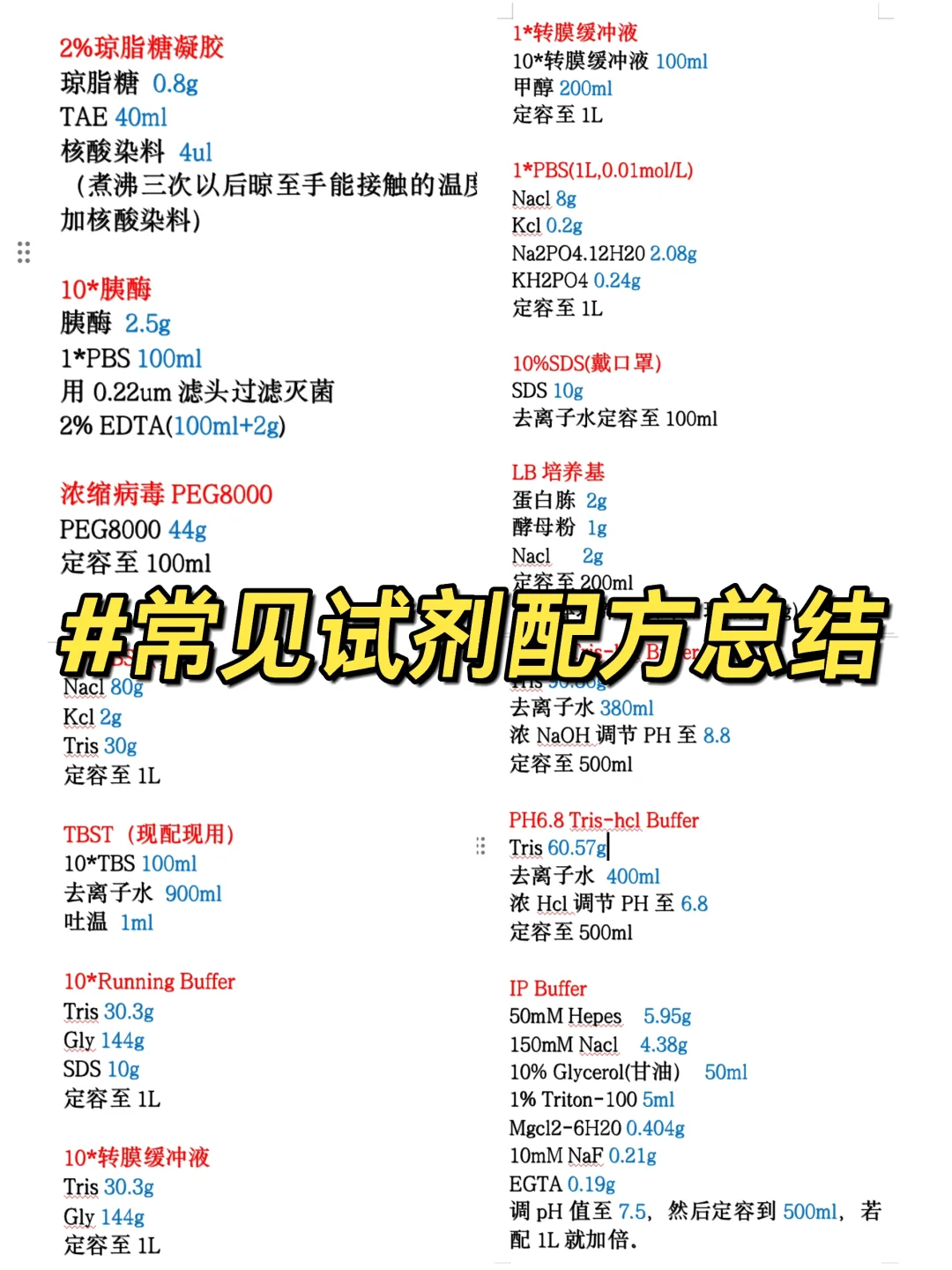 实验相关试剂配方小总结