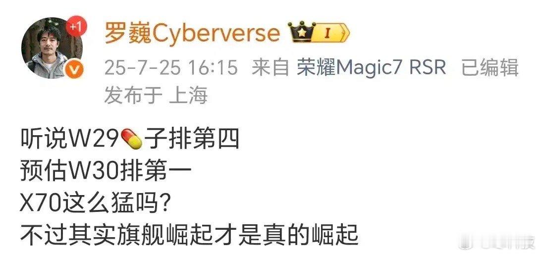 X70实在太猛了，荣耀也成功W29拿下了第四，不过看罗工这个话，荣耀Magic8