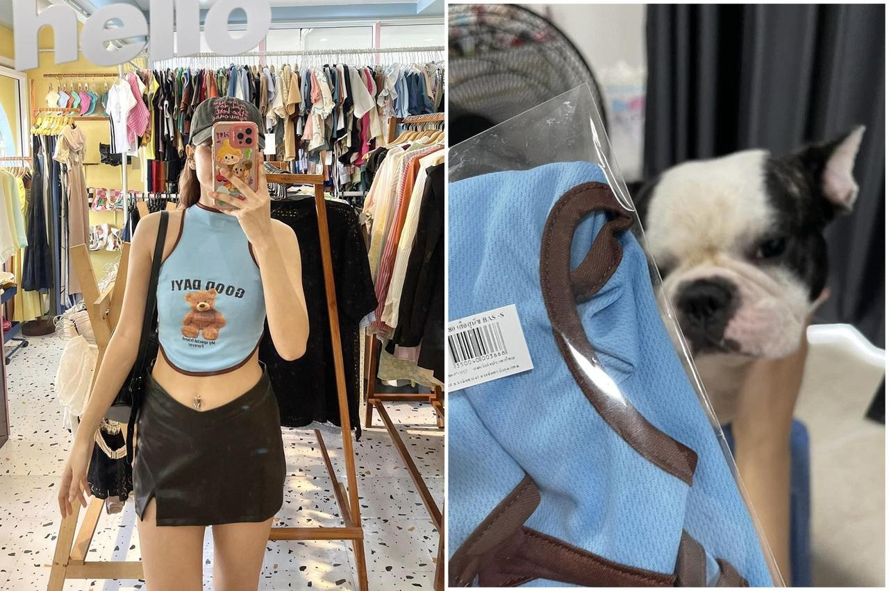 泰国一名妹子近日分享一组图片，展示她为自家狗狗买的新衣服，只不过妹子抢先狗狗「试