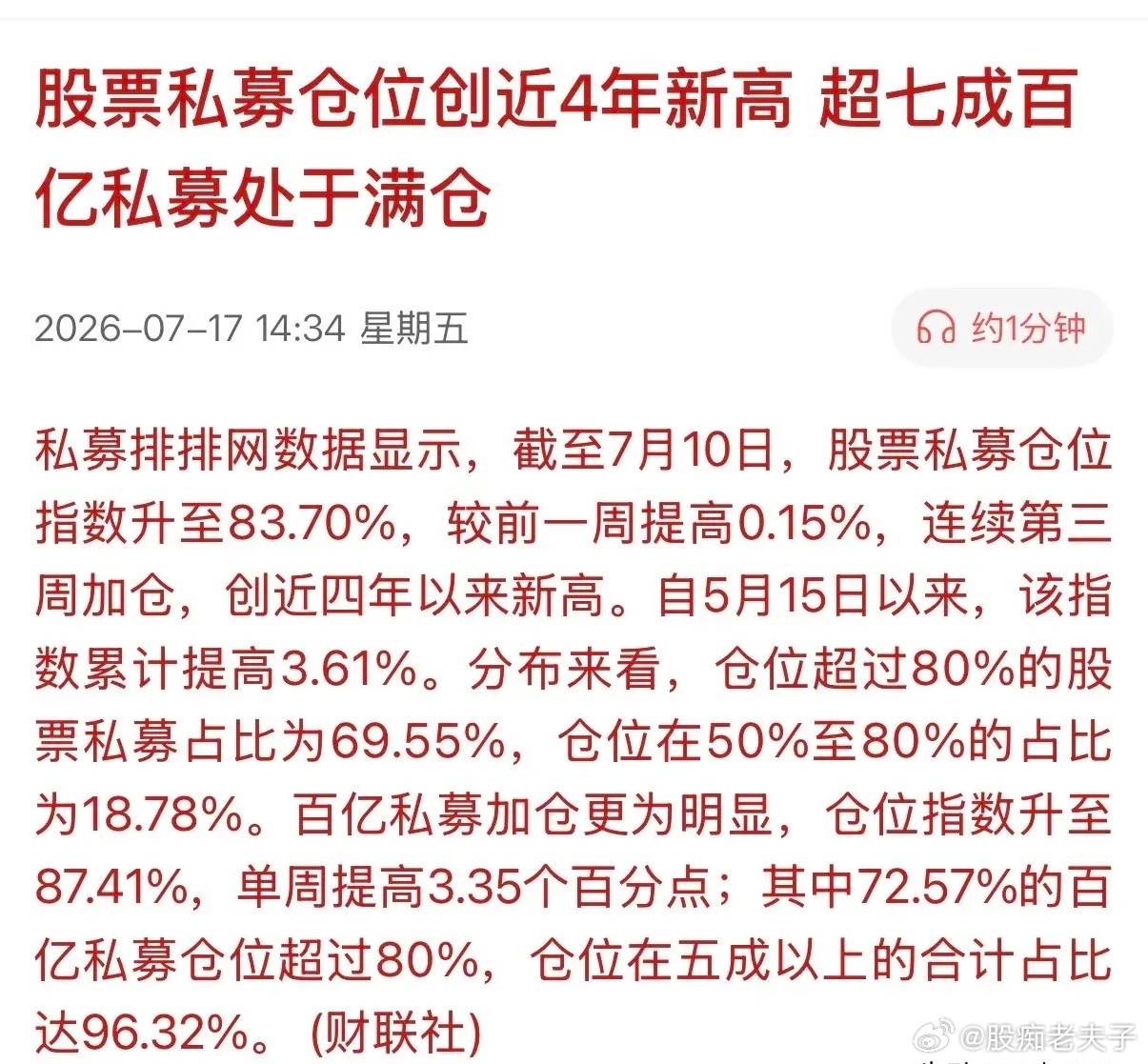 私募持仓逼近极致，A股“风险大于机会”的警报已拉响！私募基金持仓A股仓位高达96