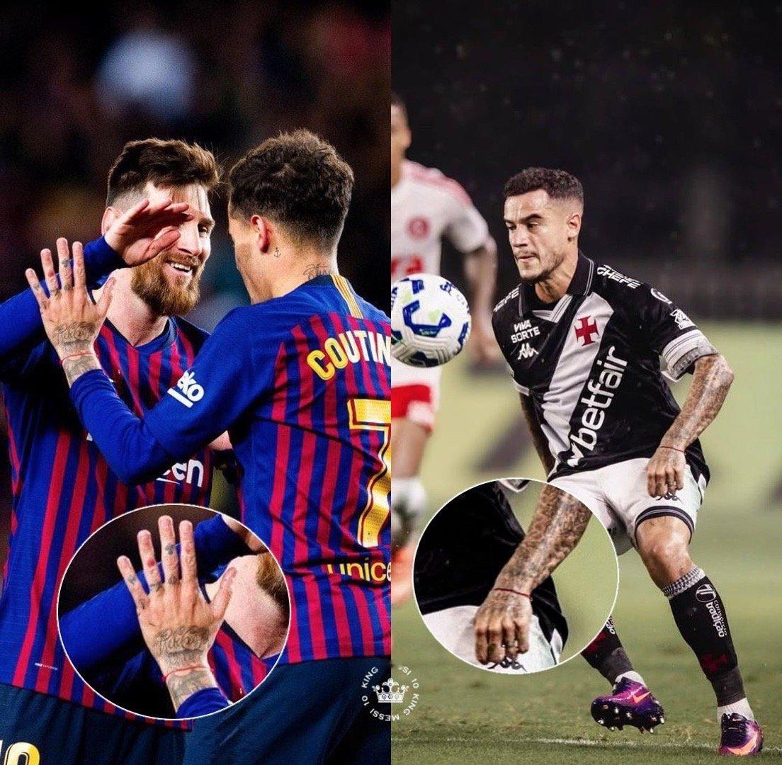 整整6年过去了，如今回归巴甲母队的库蒂尼奥依然一直戴着梅西在巴萨时送给他的那条红