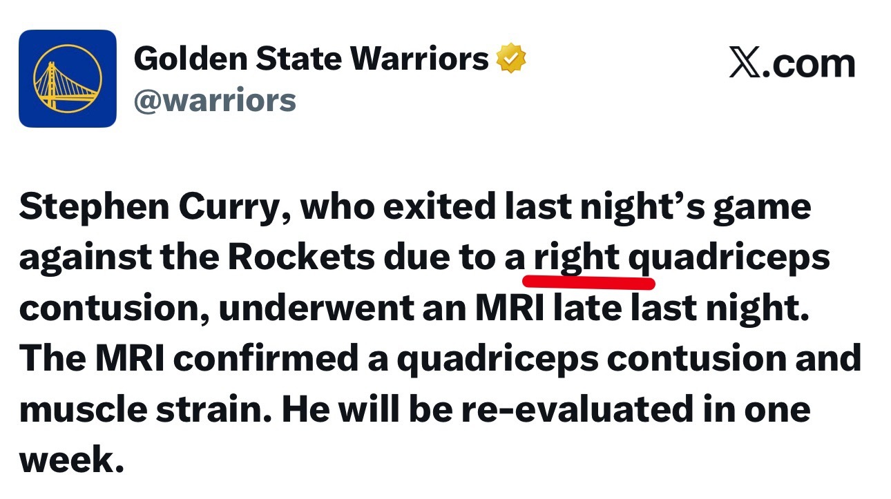 左右搞错了勇士官方、队医和跟队记者今天先后作出更正，库里的股四头肌挫伤发生在他的