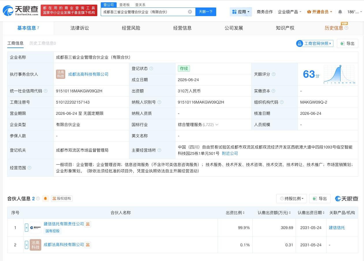 建设银行等在成都成立合伙企业 出资额310万

天眼查App显示，近日，成都吾三