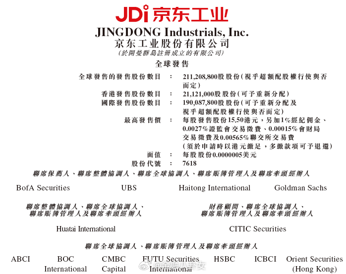 京东工业(07618)招股，M&G、CPE、晨曦投资、常春藤、刚睿资本等参与基石