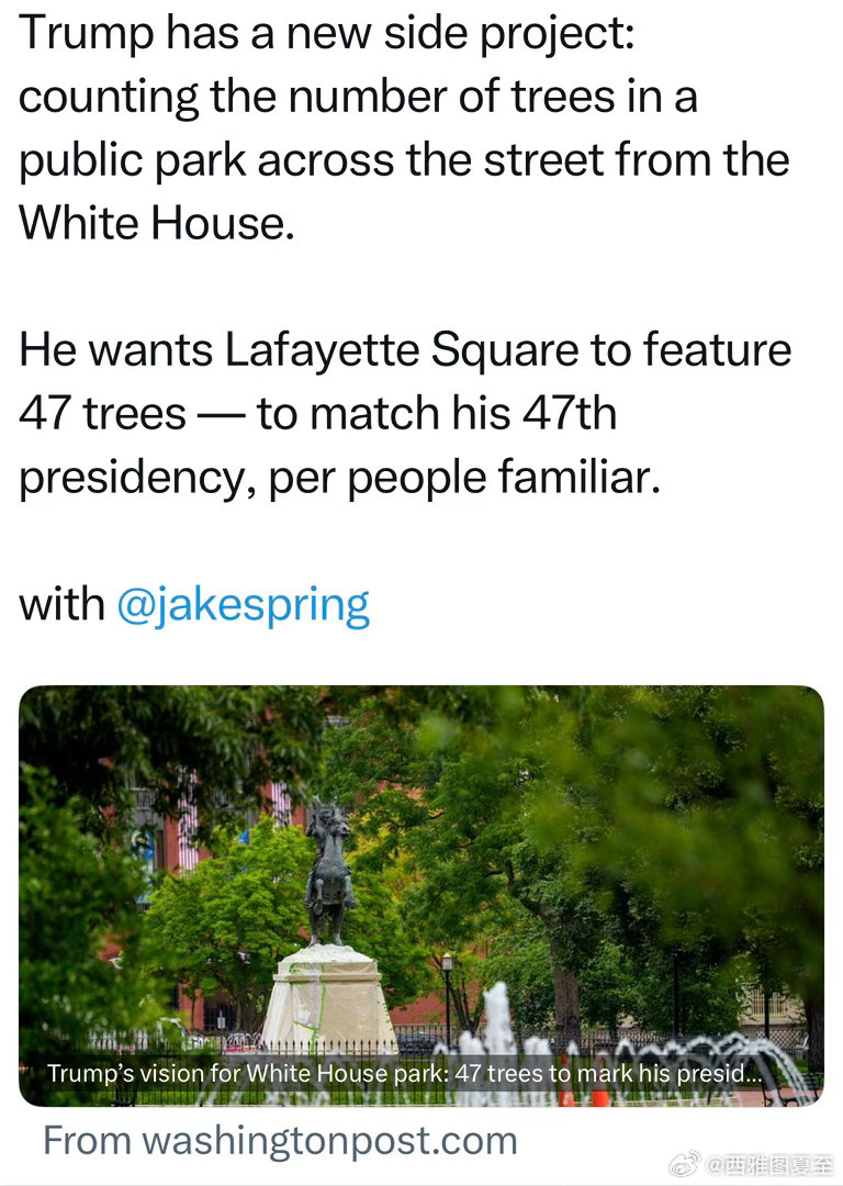 Trump的下一个改造项目：白宫对面的街心公园里，一共要有47棵树，因为他是第4