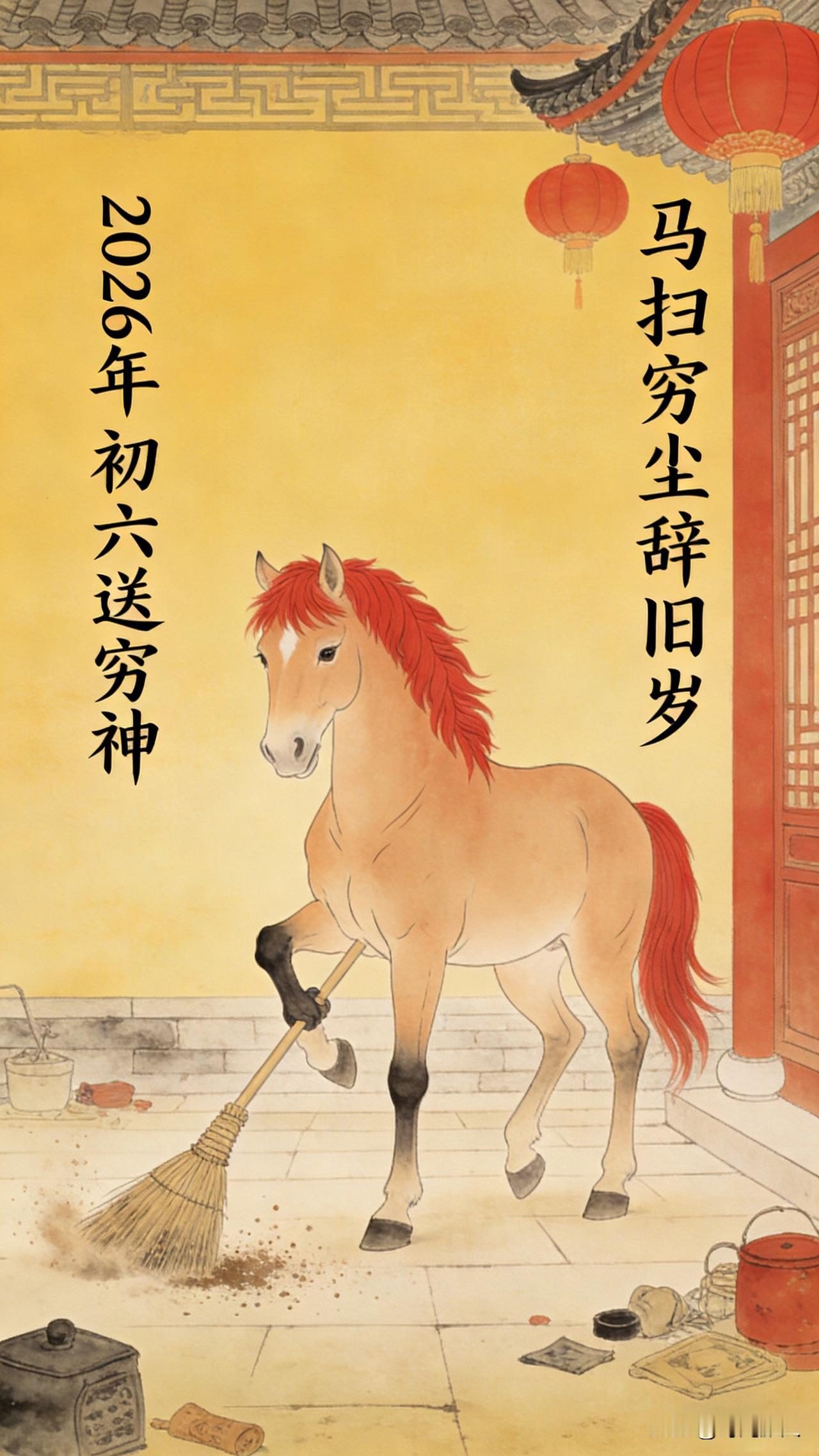 初六送穷，我不光要送走穷气，还要用对联把好运焊死在身上！
上联：马扫穷尘辞旧岁