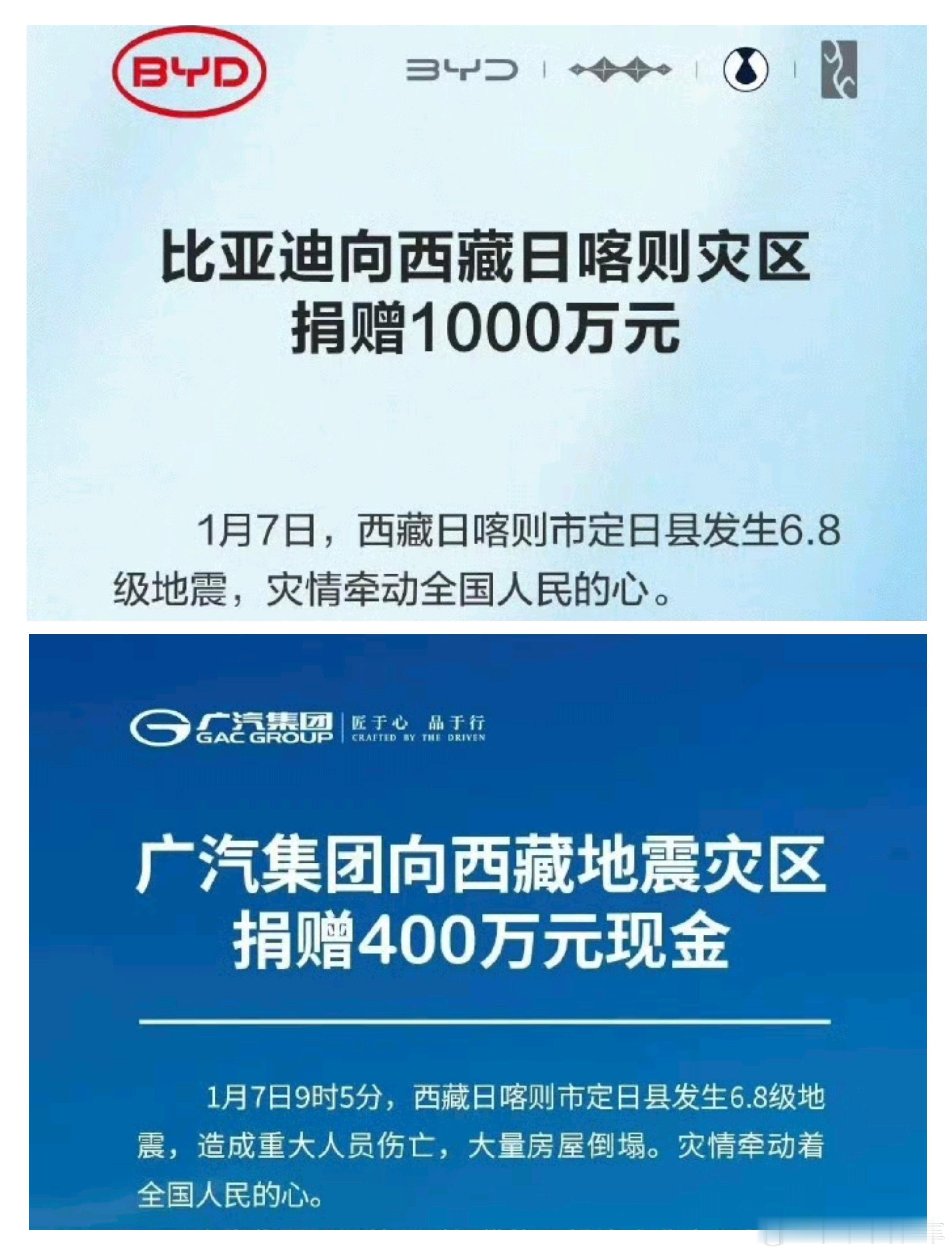 加油日喀则 各家汽车厂商都给灾区捐款比亚迪1000万，广汽400万，长城汽车50