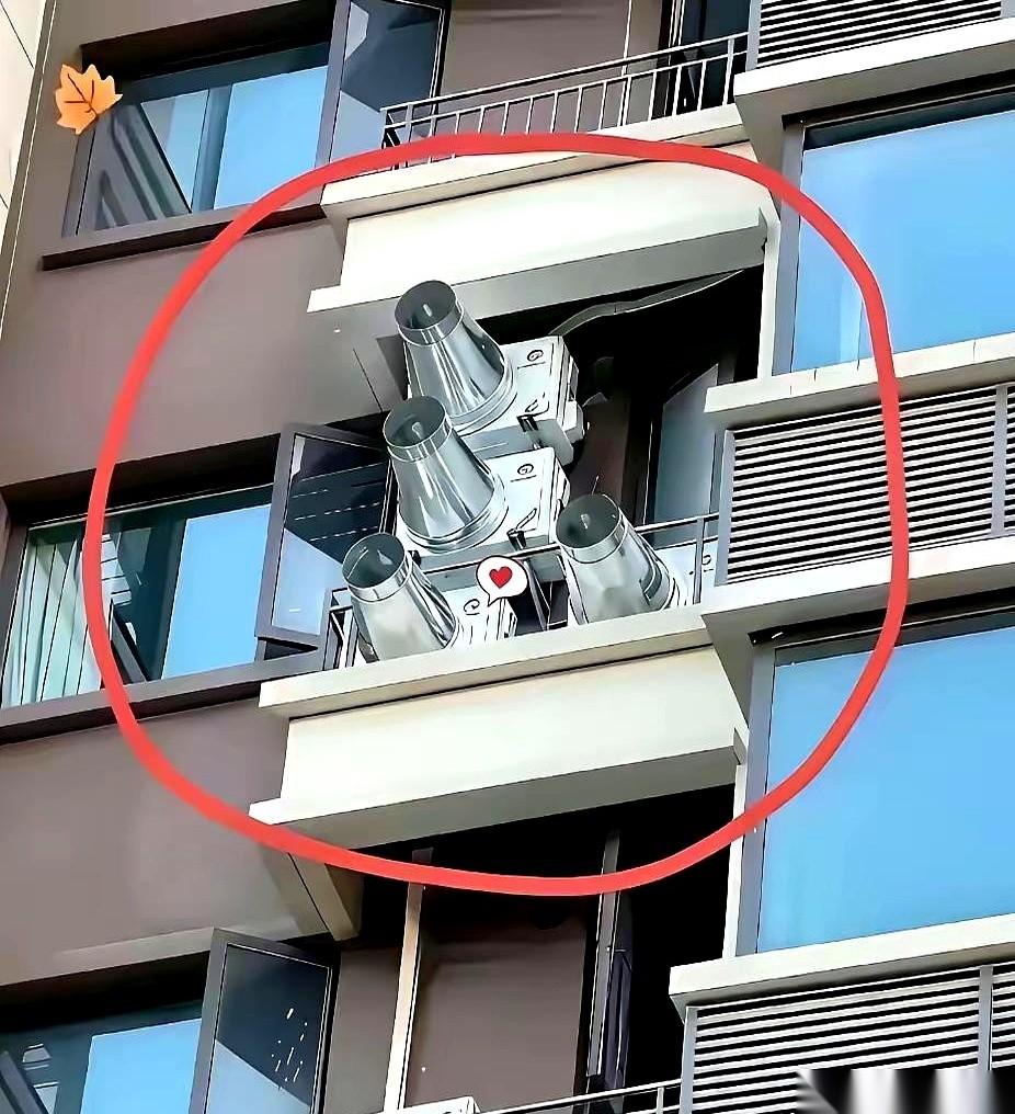 我一看这图，血压就上来了。
对面阳台，齐刷刷伸出四根大粗管子，跟炮筒似的，黑洞洞