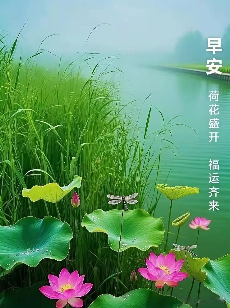 清晨的荷塘，荷花盛开，福运齐来，早安吉祥！