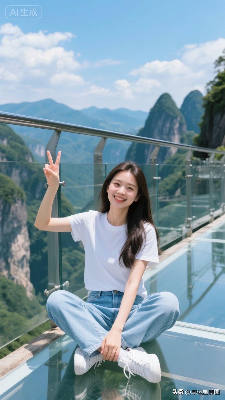 在玻璃桥上打卡，比个V字笑颜如花！🌞💙👟