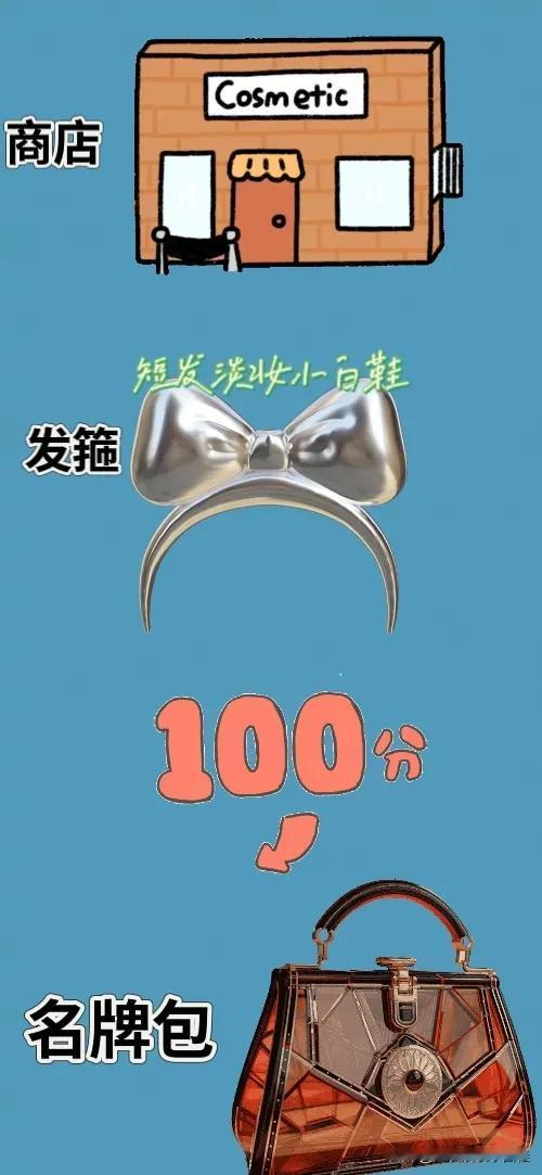 商店 发箍 100分 名牌包，打一成语——————
四种图案组合在一起，友友们能