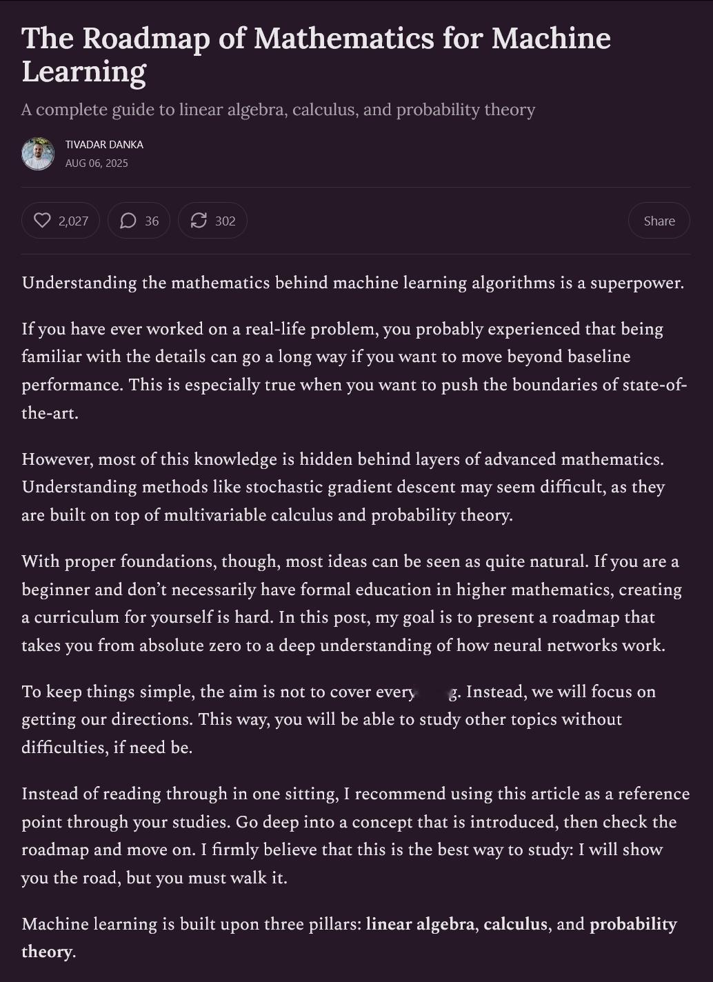 机器学习的数学路线图thepalindrome.org/p/the-roadma