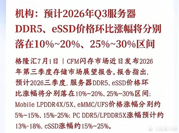 继续涨价，存储芯片传出重大利好，服务器方向涨得最多存储行业机构对2026年第三季