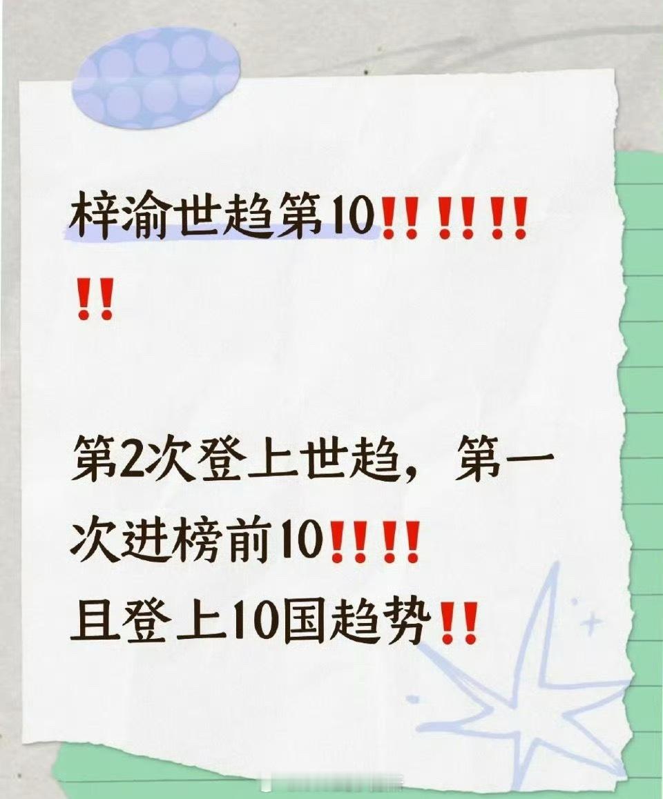 梓渝新歌世趋第10且登上10国趋势，第一次进前10，而且已经是第二次登上世趋，谁