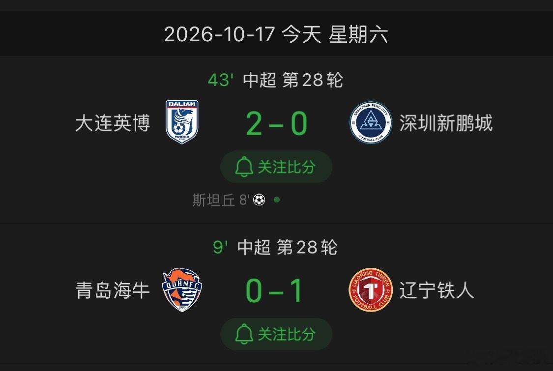 大连英博再进一球，上半场2比0领先。另一场和保级有关的比赛，铁人客场1比0领先已