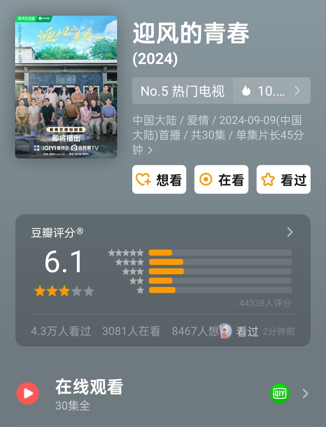 #迎风的青春豆瓣开分6.1# 孙千 翟子路《迎风的青春》豆瓣开分6.1，评分人数