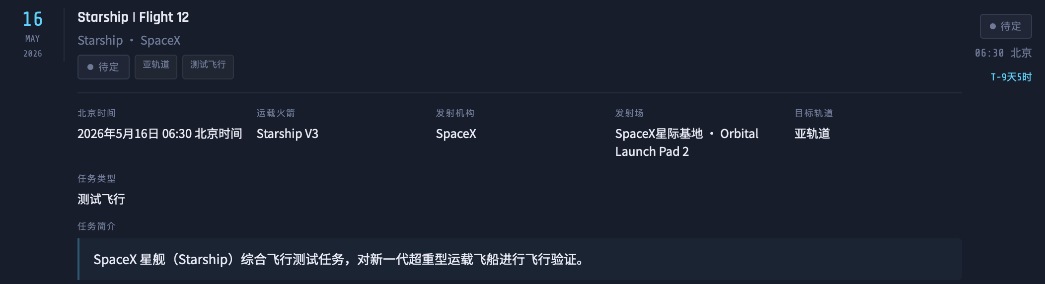 看到星舰第12飞推迟了，不早于北京时间5月16日6时30分。 
